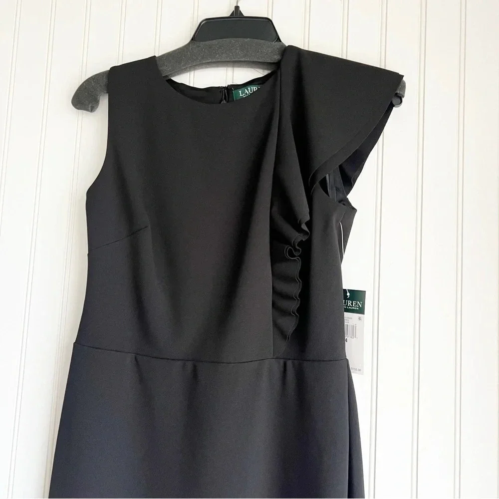 Lauren Ralph Lauren Size 4 Black Ruffle-Trim Crepe Dress NEW! - Picture 3 of 6